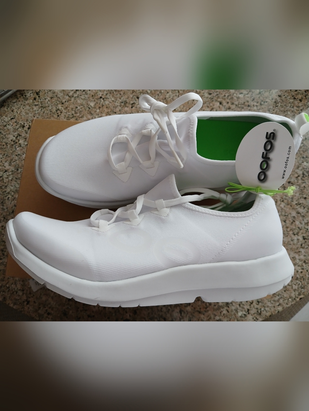 OOFOS Men's White Lace-Up Athletic Sneakers with Green Insole Accent